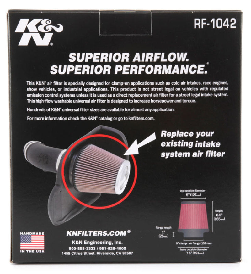K&amp;N Round Tapered Universal Air Filter 6in Flange ID x 7.5in Base OD x 5in Top OD x 6.5in Height - RF-1042