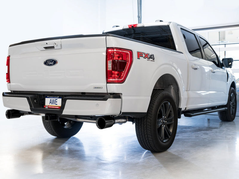 AWE 0FG 21+ Ford F150 Dual Split Rear Cat-Back Exhaust- 5in Diamond Black Tips - 3015-33119