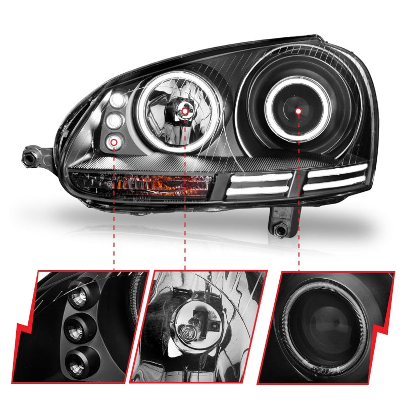 ANZO 2006-2009 Volkswagen Rabbit Projector Headlights w/ Halo Black (CCFL) - 121345
