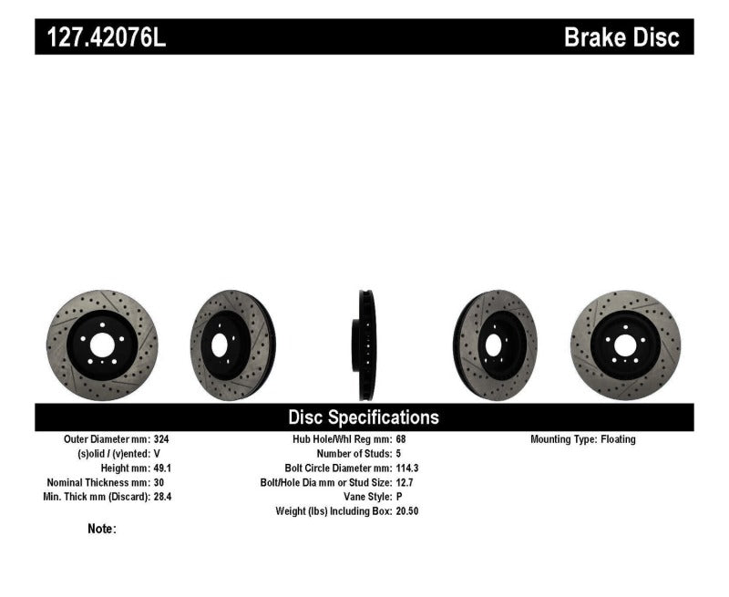 StopTech Slotted &amp; Drilled Sport Brake Rotor - 127.42076L