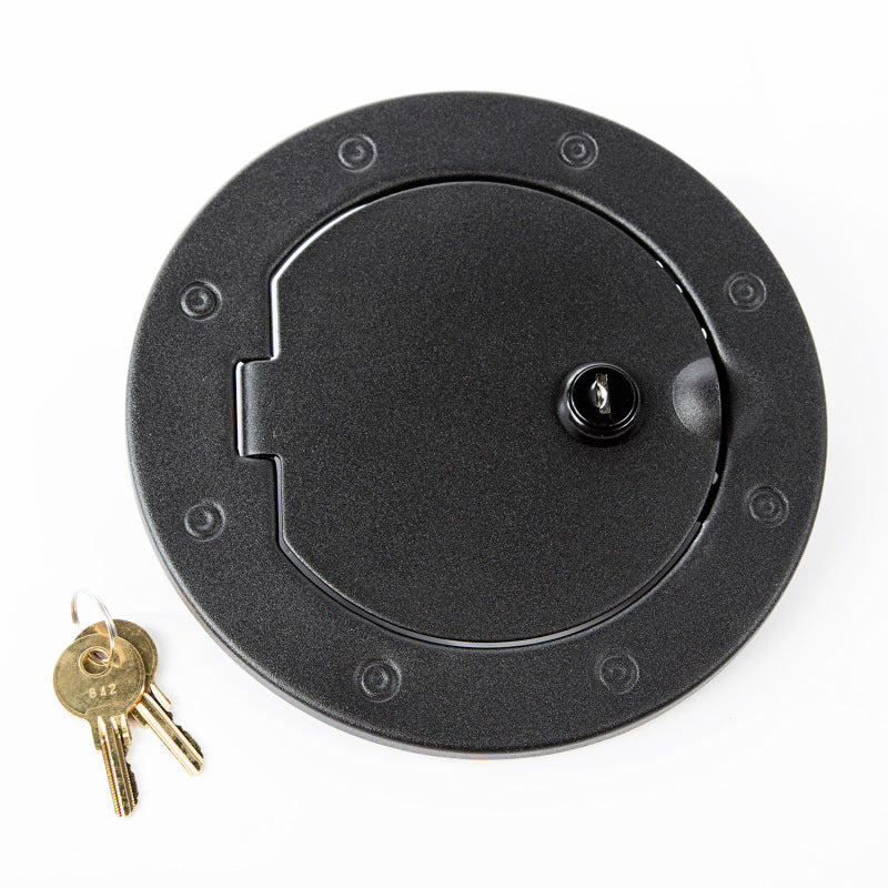 Rugged Ridge 07-18 Jeep Wrangler JK Textured Black Locking Gas Cap Door - 11229.06 for 2007-2018 Jeep Wrangler - angle view