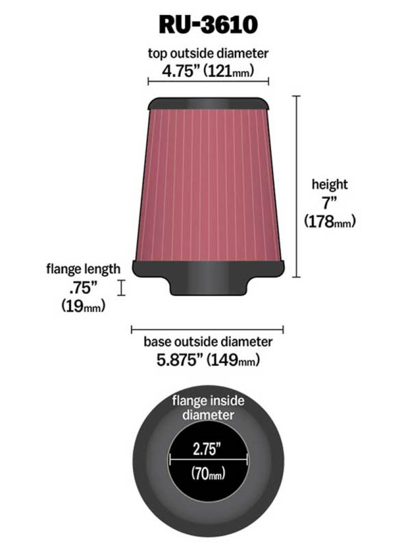 K&N Universal Rubber Filter 2.75in Flange ID x 5.875in Base OD x 4.75in Top OD x 7in Height - RU-3610 by K&N Engineering - in