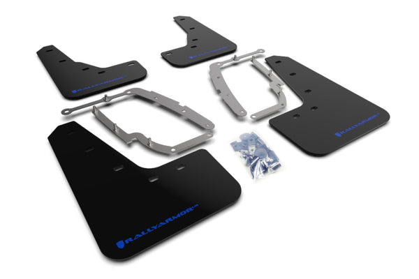 Rally Armor 17-22 Tesla Model 3 Black UR Mud Flap w/ Blue Logo - MF62-UR-BLK/BL for 2017-2023 Tesla 3 - front view