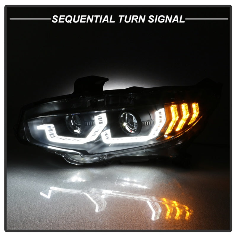Spyder 16-18 Honda Civic 4Dr w/LED Seq Turn Sig Lights Proj Headlight - Black - PRO-YD-HC16-SEQ-BK - 5086099