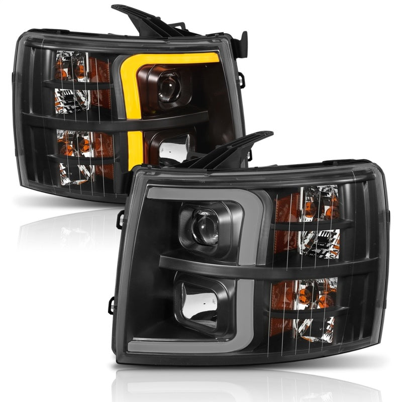 ANZO 07-13 Chevrolet Silverado 1500 Plank Style Projector Headlights Black w/ Amber - 111410