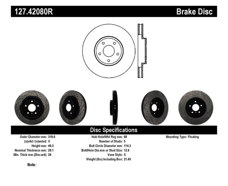 StopTech 06-07 350Z / 05-07 G35 exp Sport/ 06-07 G35X SportStop Slotted &amp; Drilled Front Right Rotor - 127.42080R