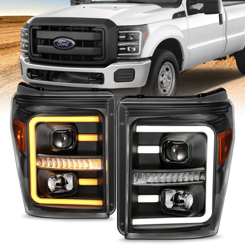 ANZO 2011-2016 Ford F250 Projector Headlights w/ Plank Style Switchback Black w/ Amber - 111406