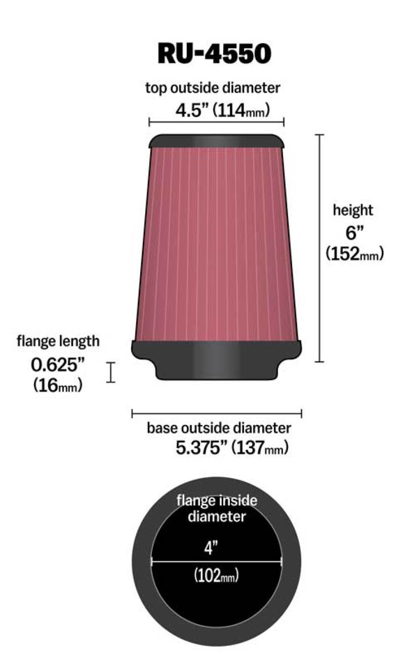 K&amp;N Universal Air Filter 4in Flange / 5-3/8in Base / 4-1/2in Top / 6in Height - RU-4550