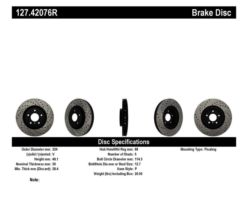 StopTech Slotted &amp; Drilled Sport Brake Rotor - 127.42076R