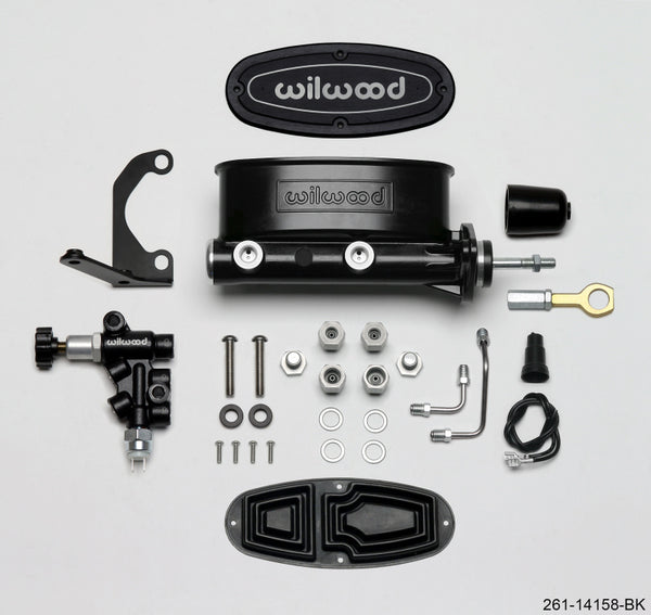 Wilwood HV Tandem M/C Kit w L/H Bracket & Prop Valve - 15/16in Bore Black-W/Push. - Early Mustang - 261-14158-BK by Wilwood
