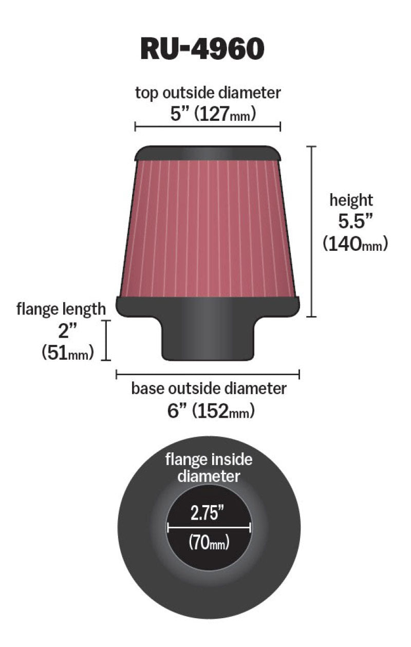 K&amp;N Filter Universal Rubber Filter 2 3/4 inch Flange 6 inch Base 5 inch Top 5 1/2 inch Height - RU-4960